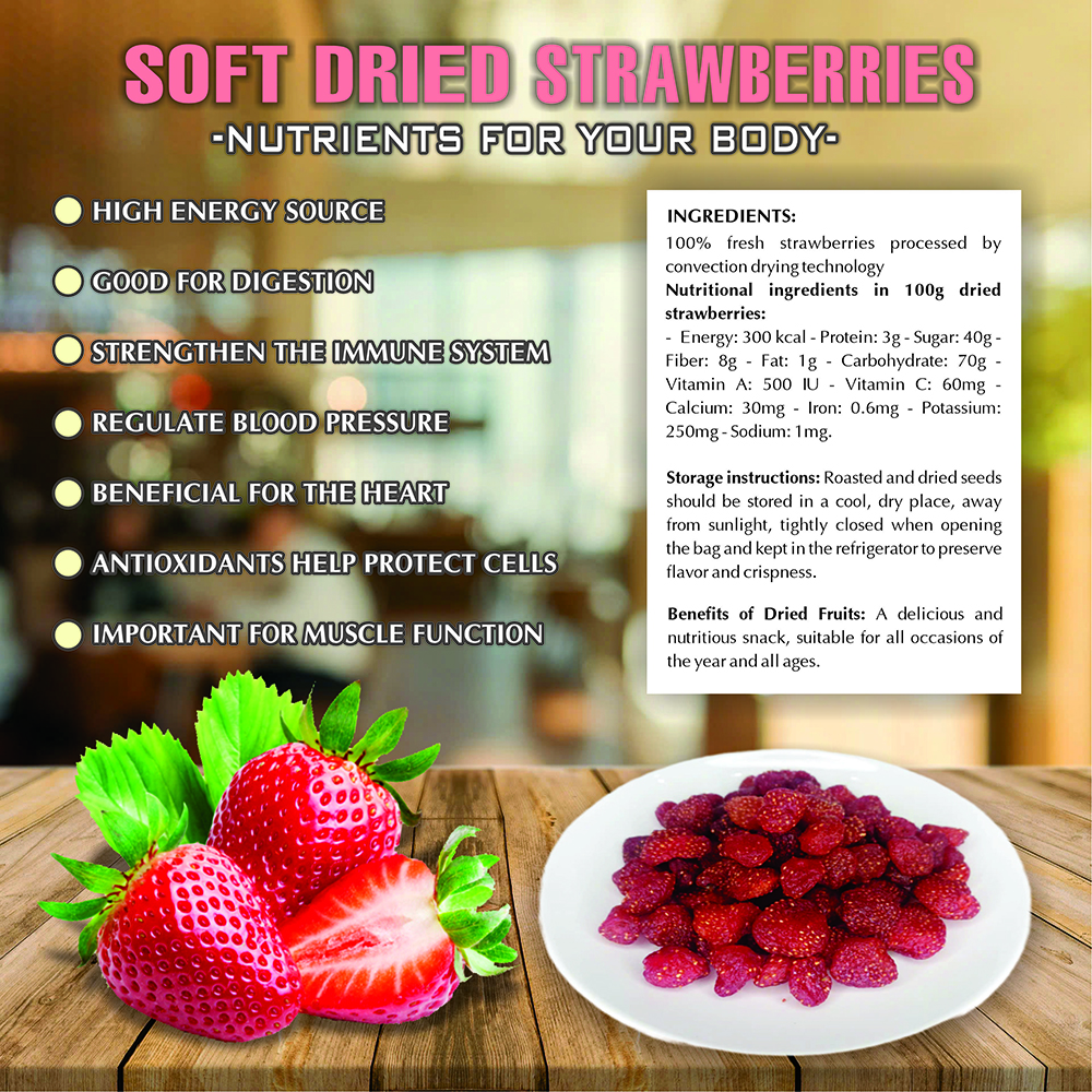 SOFT DRIED STRAWBERRIES 5.29oz (150g) VIETFARMFOOD: Convection dried fruit with a little sugar, salt, natural sweetness, soft when chewed. Suitable for snack, healthy dessert for all ages