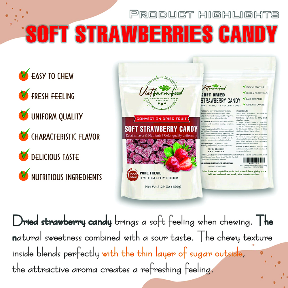 SOFT MULBERRY CANDY 5.29oz (150g) VIETFARMFOOD: Convection dried fruit with a little sugar, salt, natural sweetness, soft when chewed. Suitable for snack, healthy dessert for all ages