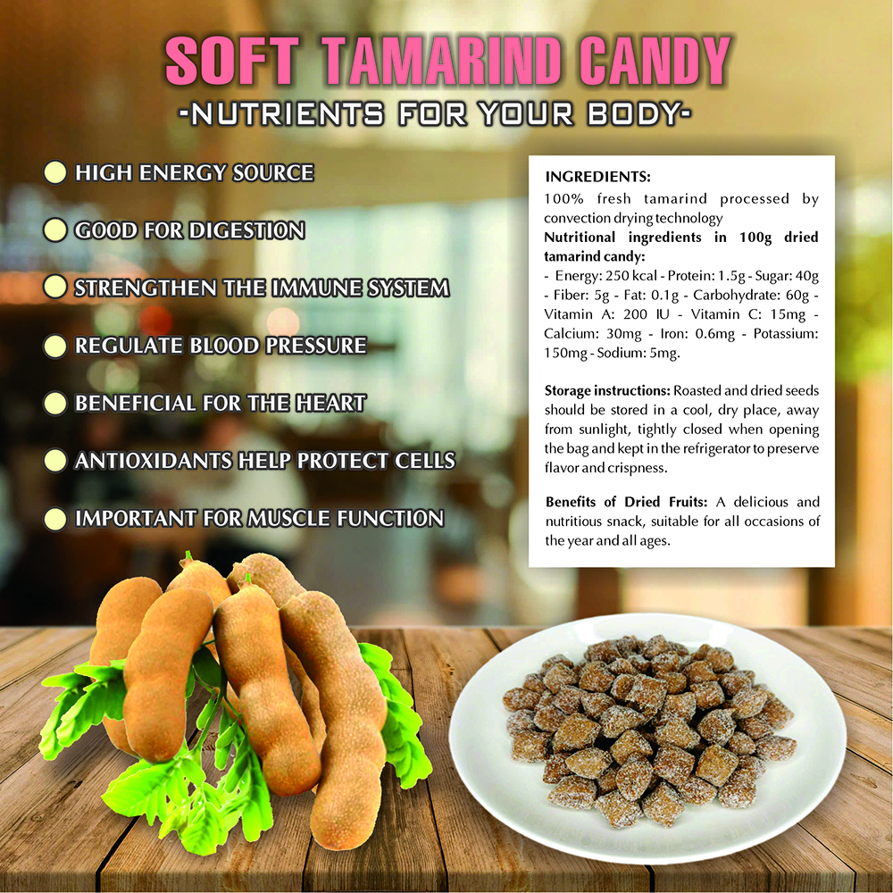 SOFT TAMARIND CANDY 5.29oz (150g) VIETFARMFOOD: Convection dried fruit with a little sugar, salt, natural sweetness, soft when chewed. Suitable for snack, healthy dessert for all ages