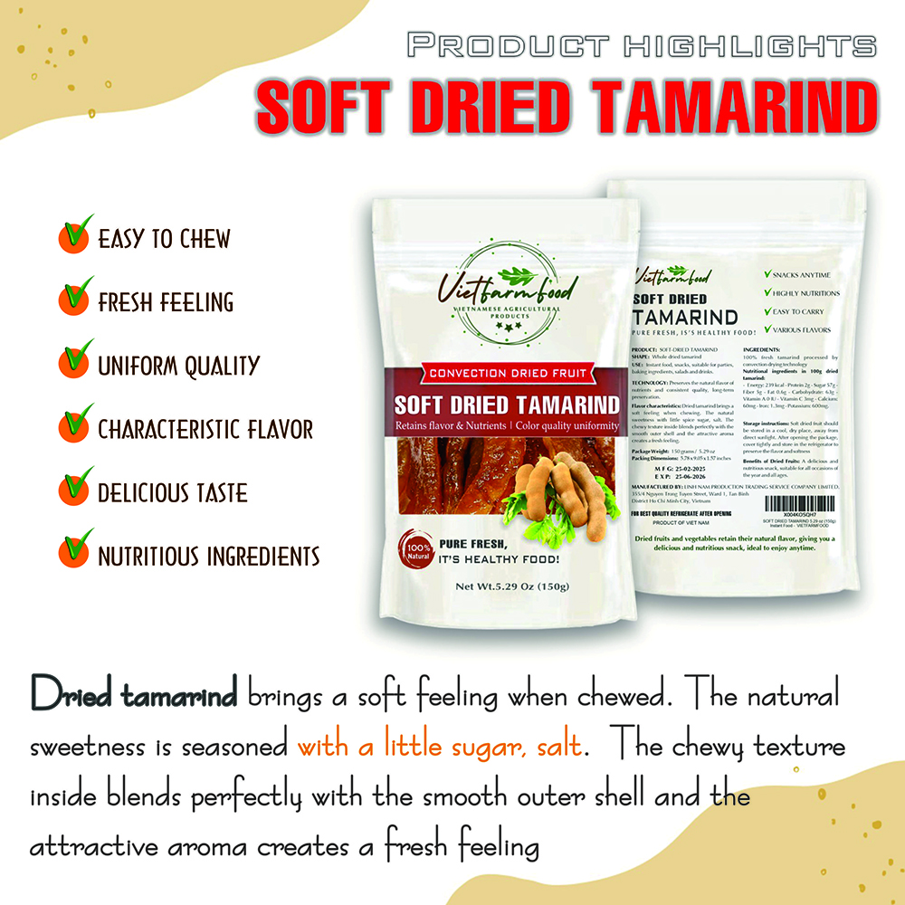 SOFT DRIED TAMARIND 5.29 Oz (150g) VIETFARMFOOD: Convection dried fruit with a little sugar, salt, natural sweetness, soft when chewed. Suitable for snacking, topping, healthy desserts for all ages
