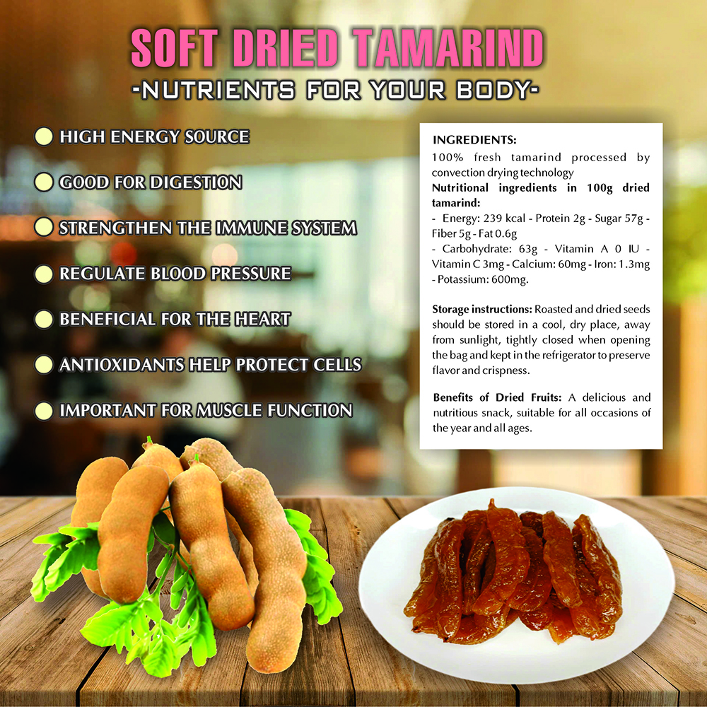 SOFT DRIED TAMARIND 5.29 Oz (150g) VIETFARMFOOD: Convection dried fruit with a little sugar, salt, natural sweetness, soft when chewed. Suitable for snacking, topping, healthy desserts for all ages