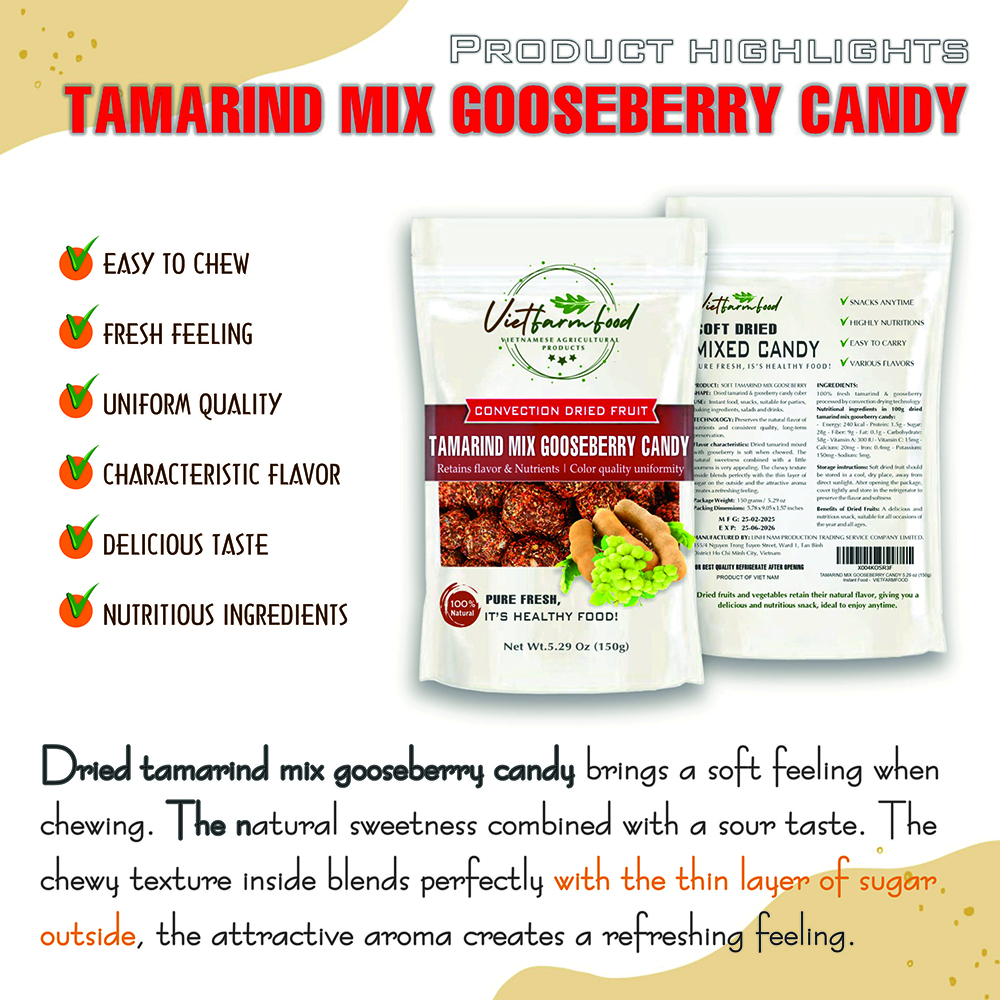 TAMARIND MIX GOOSEBERRY CANDY 5.29oz (150g) VIETFARMFOOD: Convection dried fruit with a little sugar, salt, natural sweetness, soft when chewed. Suitable for snack, healthy dessert for all ages