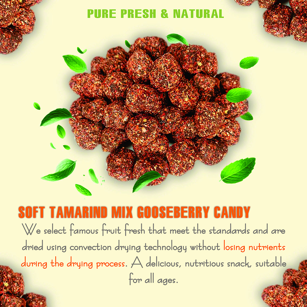 TAMARIND MIX GOOSEBERRY CANDY 5.29oz (150g) VIETFARMFOOD: Convection dried fruit with a little sugar, salt, natural sweetness, soft when chewed. Suitable for snack, healthy dessert for all ages