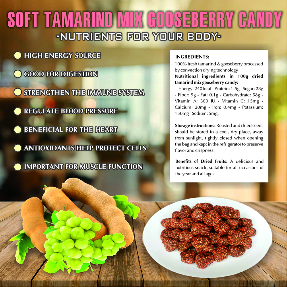 TAMARIND MIX GOOSEBERRY CANDY 5.29oz (150g) VIETFARMFOOD: Convection dried fruit with a little sugar, salt, natural sweetness, soft when chewed. Suitable for snack, healthy dessert for all ages