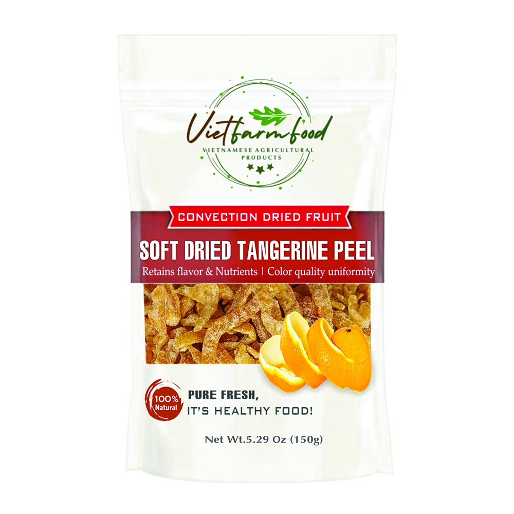 SOFT DRIED TANGERINE PEEL 5.29oz (150g) VIETFARMFOOD: Convection dried fruit with a little sugar, salt, natural sweetness, soft when chewed. Suitable for snack, topping, healthy dessert for all ages