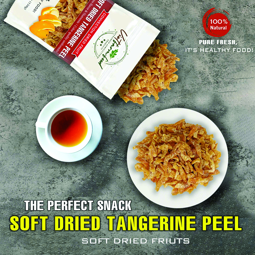 SOFT DRIED TANGERINE PEEL 5.29oz (150g) VIETFARMFOOD: Convection dried fruit with a little sugar, salt, natural sweetness, soft when chewed. Suitable for snack, topping, healthy dessert for all ages