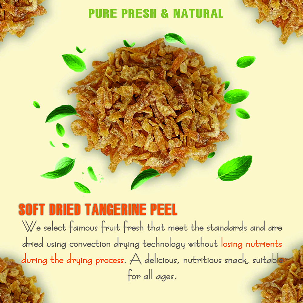 SOFT DRIED TANGERINE PEEL 5.29oz (150g) VIETFARMFOOD: Convection dried fruit with a little sugar, salt, natural sweetness, soft when chewed. Suitable for snack, topping, healthy dessert for all ages