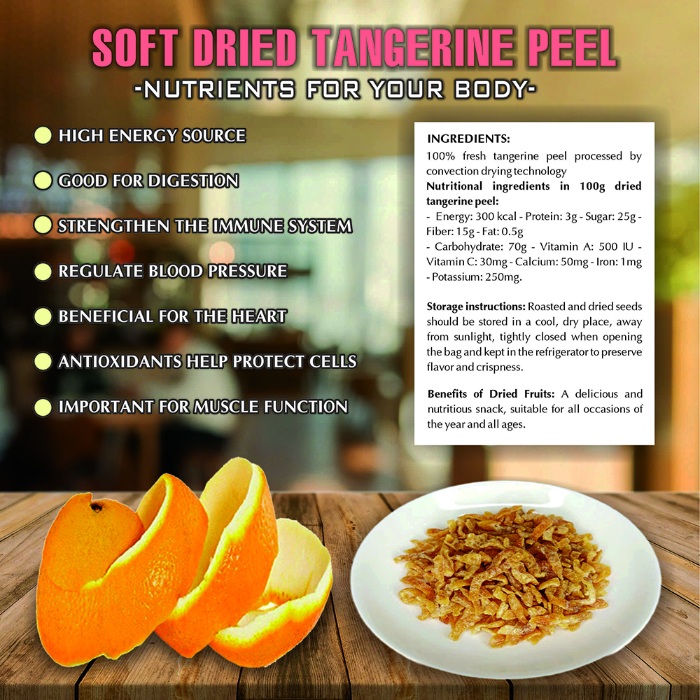 SOFT DRIED TANGERINE PEEL 5.29oz (150g) VIETFARMFOOD: Convection dried fruit with a little sugar, salt, natural sweetness, soft when chewed. Suitable for snack, topping, healthy dessert for all ages