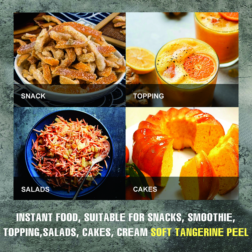 SOFT DRIED TANGERINE PEEL 5.29oz (150g) VIETFARMFOOD: Convection dried fruit with a little sugar, salt, natural sweetness, soft when chewed. Suitable for snack, topping, healthy dessert for all ages