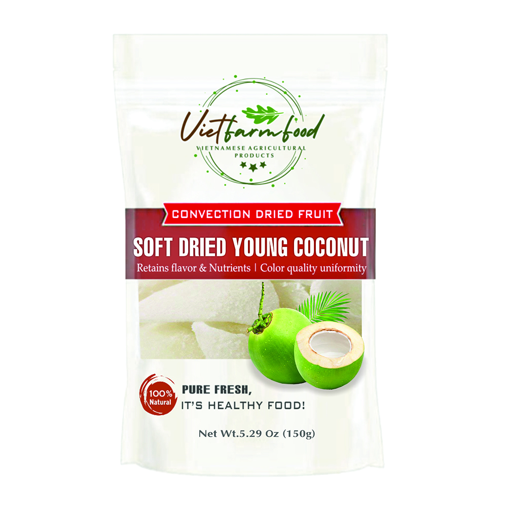 SOFT DRIED YOUNG COCONUT 5.29oz (150g) VIETFARMFOOD: Convection dried fruit with a little sugar, salt, natural sweetness, soft when chewed. Suitable for snack, healthy dessert for all ages