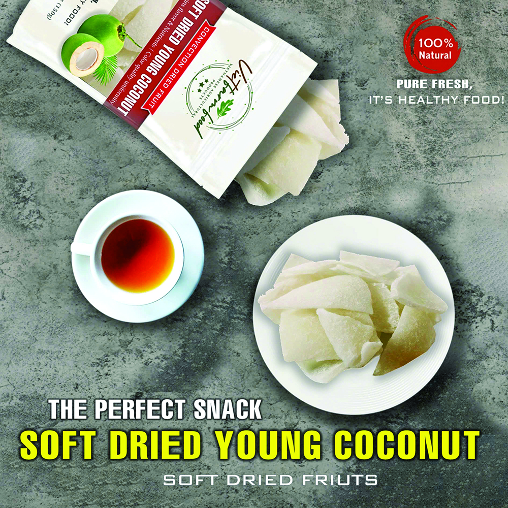 SOFT DRIED YOUNG COCONUT 5.29oz (150g) VIETFARMFOOD: Convection dried fruit with a little sugar, salt, natural sweetness, soft when chewed. Suitable for snack, healthy dessert for all ages