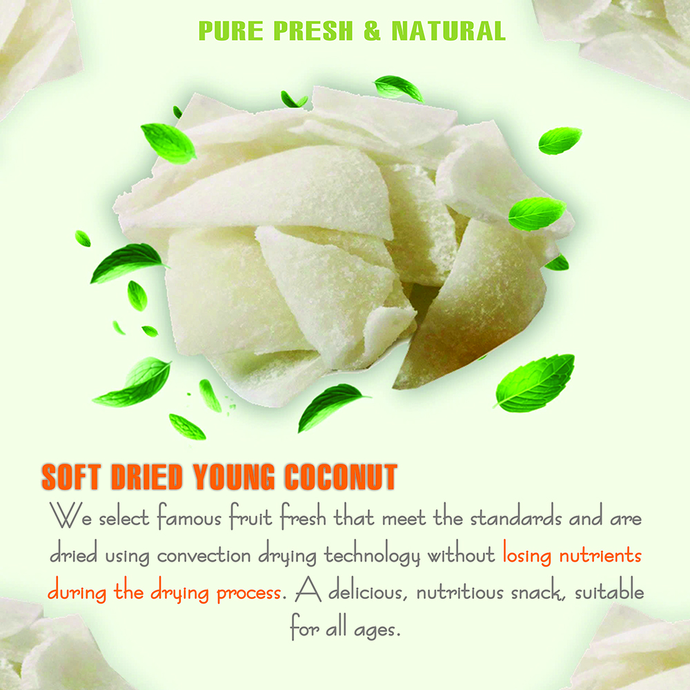 SOFT DRIED YOUNG COCONUT 5.29oz (150g) VIETFARMFOOD: Convection dried fruit with a little sugar, salt, natural sweetness, soft when chewed. Suitable for snack, healthy dessert for all ages