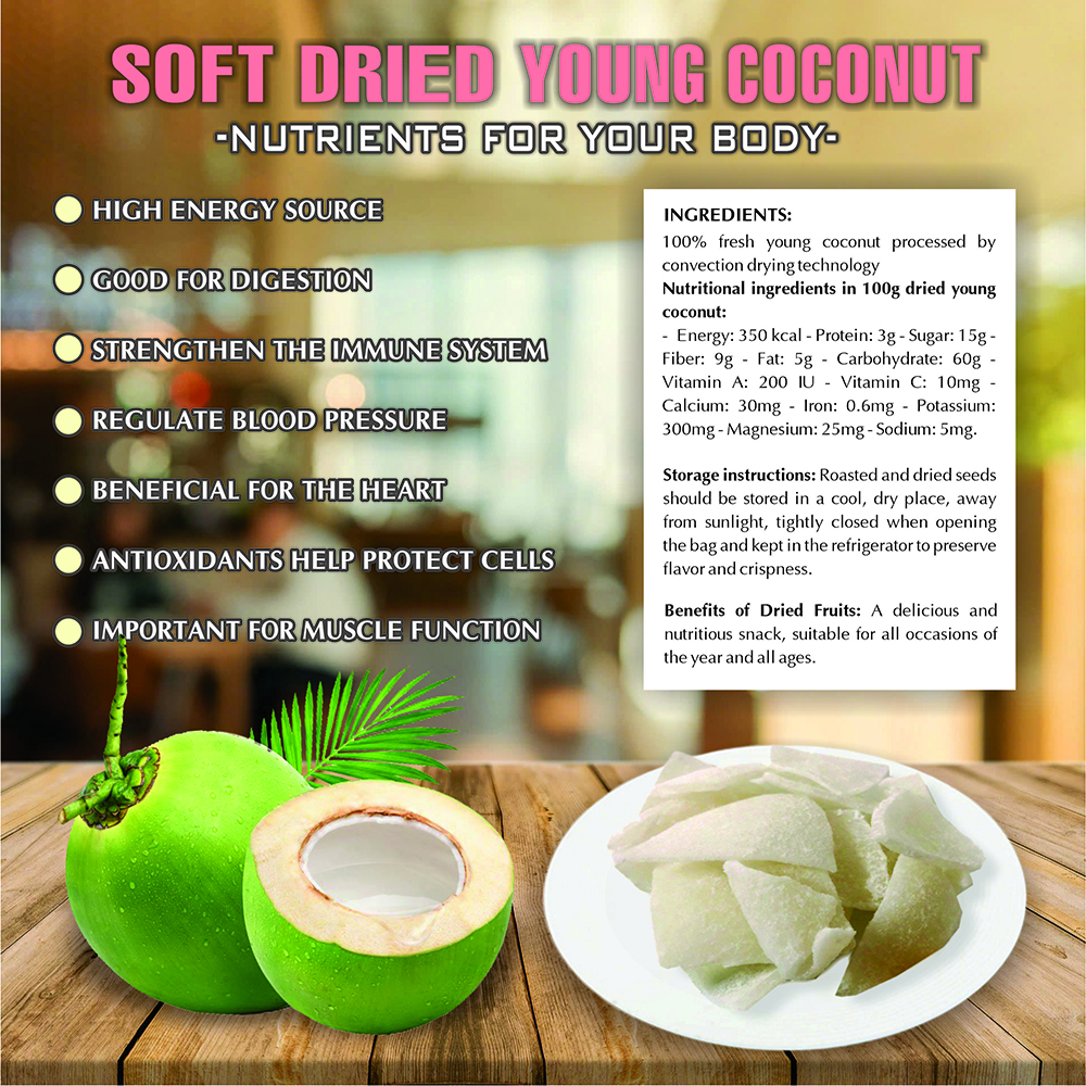 SOFT DRIED YOUNG COCONUT 5.29oz (150g) VIETFARMFOOD: Convection dried fruit with a little sugar, salt, natural sweetness, soft when chewed. Suitable for snack, healthy dessert for all ages