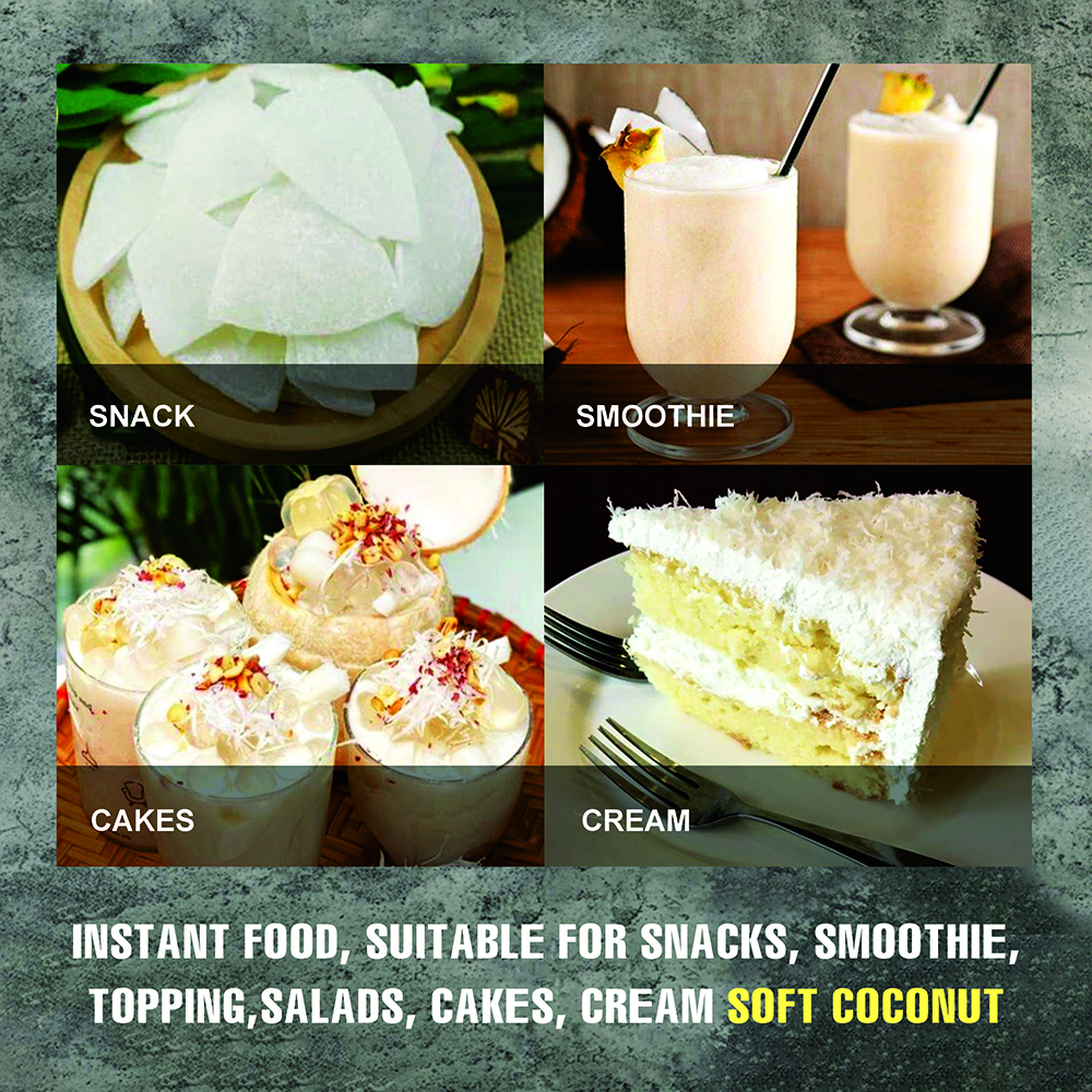 SOFT DRIED YOUNG COCONUT 5.29oz (150g) VIETFARMFOOD: Convection dried fruit with a little sugar, salt, natural sweetness, soft when chewed. Suitable for snack, healthy dessert for all ages