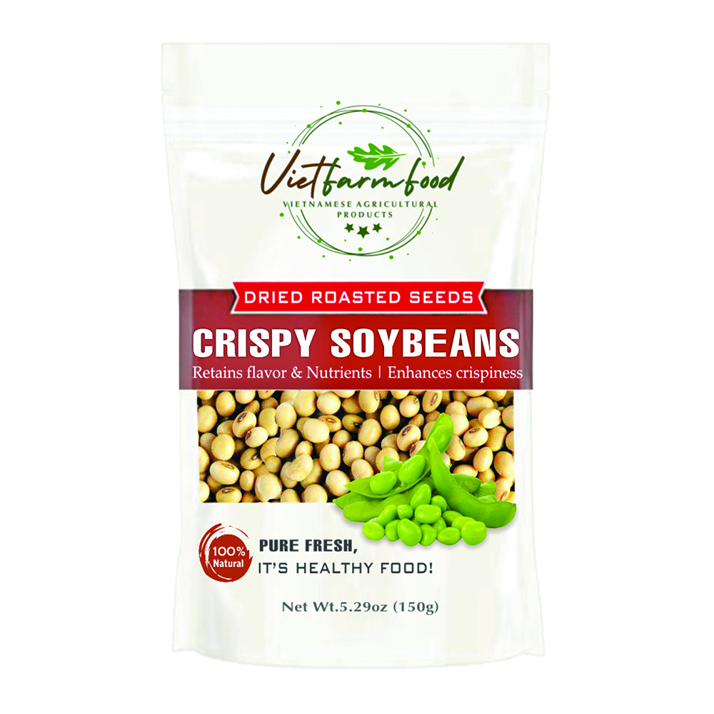 CRISPY PURE SOYBEANS 5.29oz (150g) VIETFARMFOOD: Naturally dry roasted. No sugar, no oil, natural sweetness, characteristic fatty taste, crispy. Suitable as a topping, delicious, nutritious snack.