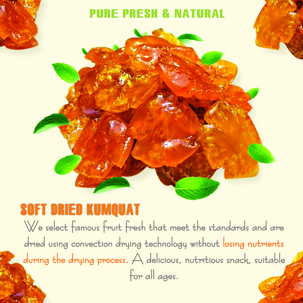 SOFT DRIED KUMQUAT 5.29oz (150g) VIETFARMFOOD: Convection dried fruit with a little sugar, salt, natural sweetness, soft when chewed. Suitable for snack, healthy dessert for all ages