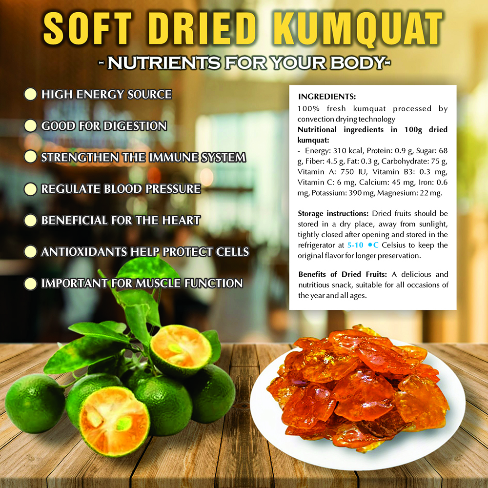 SOFT DRIED KUMQUAT 5.29oz (150g) VIETFARMFOOD: Convection dried fruit with a little sugar, salt, natural sweetness, soft when chewed. Suitable for snack, healthy dessert for all ages