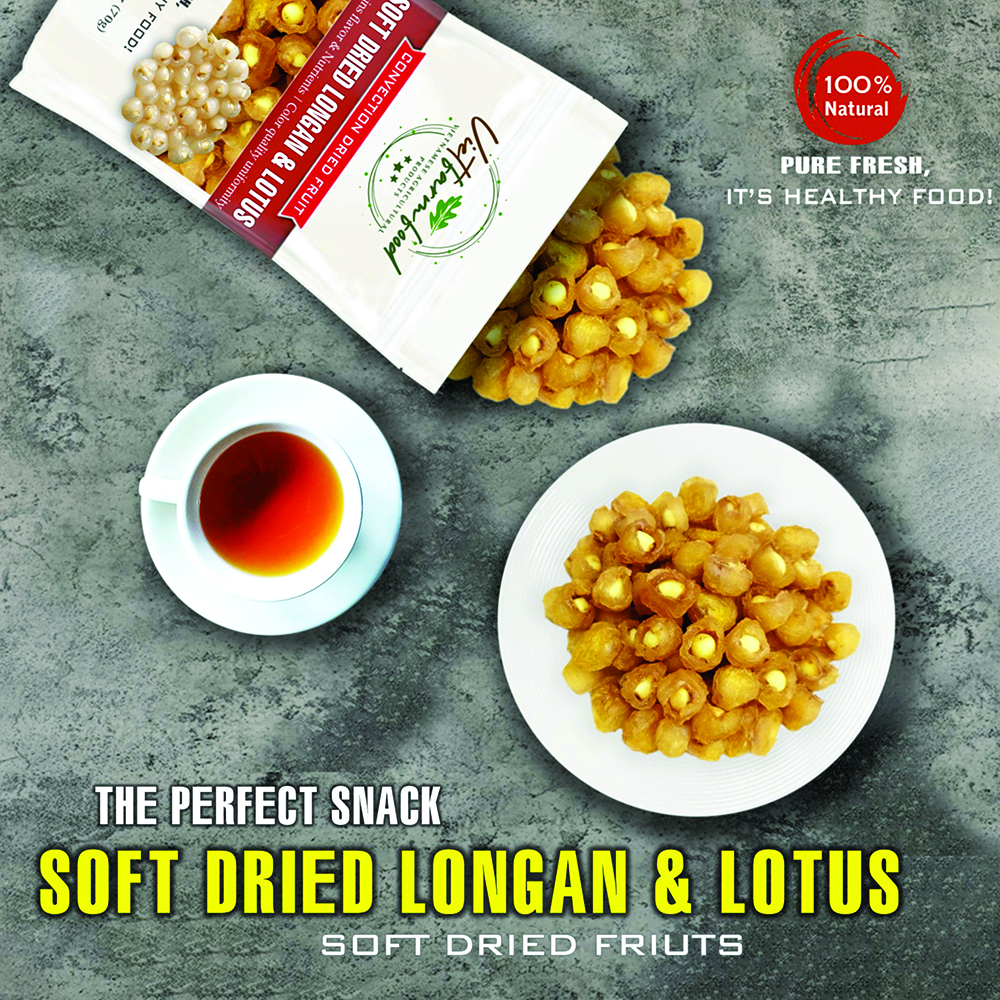 SOFT DRIED LONGAN & LOTUS 5.29oz (150g) VIETFARMFOOD: Convection dried fruit with a little sugar, salt, natural sweetness, soft when chewed. Suitable for snack, healthy dessert for all ages