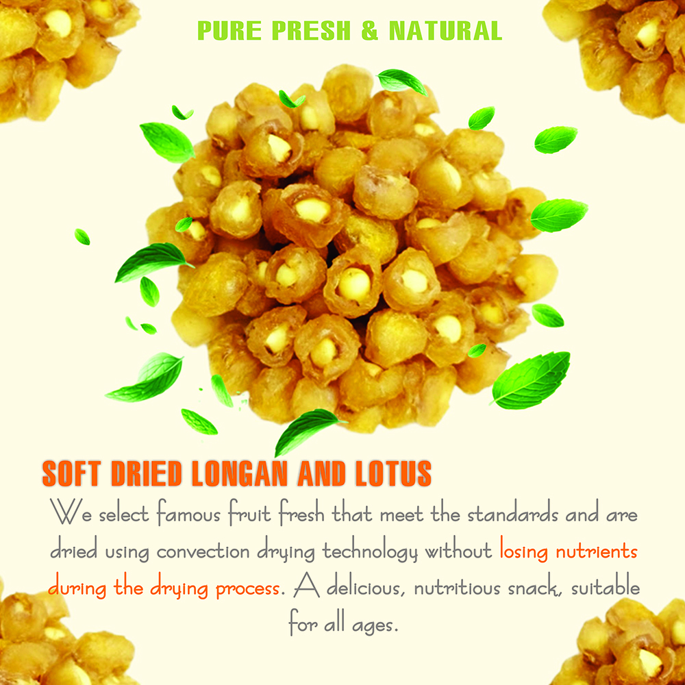 SOFT DRIED LONGAN & LOTUS 5.29oz (150g) VIETFARMFOOD: Convection dried fruit with a little sugar, salt, natural sweetness, soft when chewed. Suitable for snack, healthy dessert for all ages