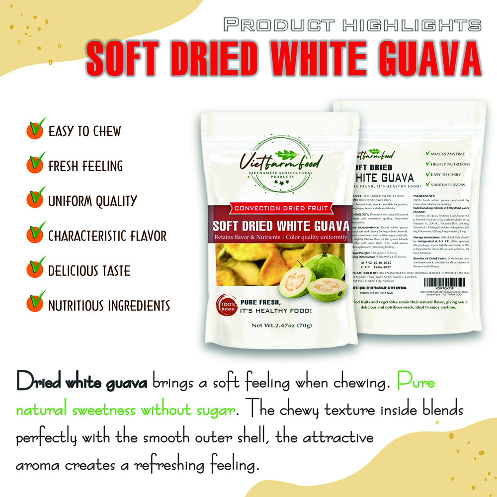 SOFT DRIED GUAVA  5.29oz (150g) VIETFARMFOOD: Convection dried fruit with a little sugar, salt, natural sweetness, soft when chewed. Suitable for snack, healthy dessert for all ages