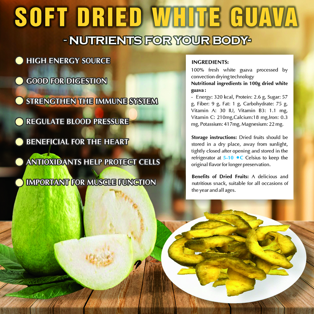 SOFT DRIED GUAVA  5.29oz (150g) VIETFARMFOOD: Convection dried fruit with a little sugar, salt, natural sweetness, soft when chewed. Suitable for snack, healthy dessert for all ages