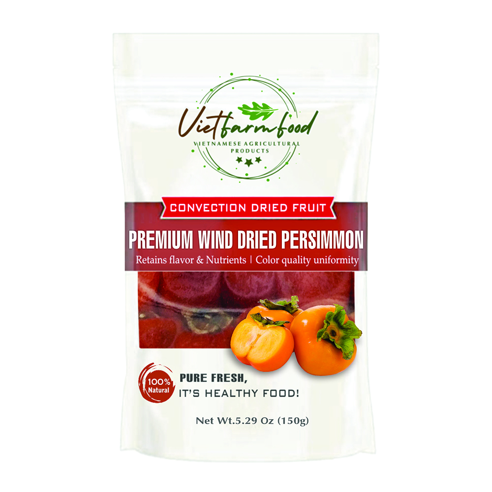 PREMIUM WIND DRIED PERSIMMON 5.29oz (150g) VIETFARMFOOD: Convection dried fruit with a little sugar, salt, natural sweetness, soft when chewed. Suitable for snack, healthy dessert for all ages