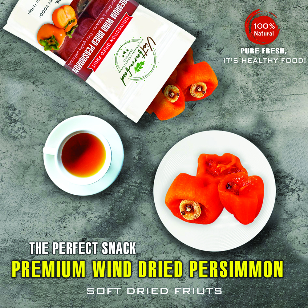 PREMIUM WIND DRIED PERSIMMON 5.29oz (150g) VIETFARMFOOD: Convection dried fruit with a little sugar, salt, natural sweetness, soft when chewed. Suitable for snack, healthy dessert for all ages