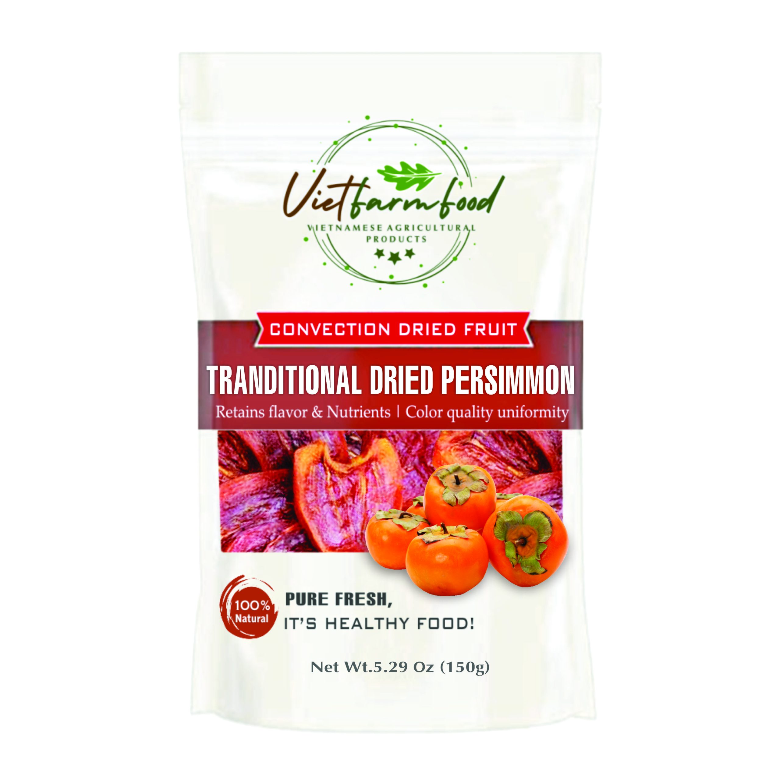 TRANDITIONAL DRIED PERSIMMON  5.29oz (150g) VIETFARMFOOD: Convection dried fruit with a little sugar, salt, natural sweetness, soft when chewed. Suitable for snack, healthy dessert for all ages
