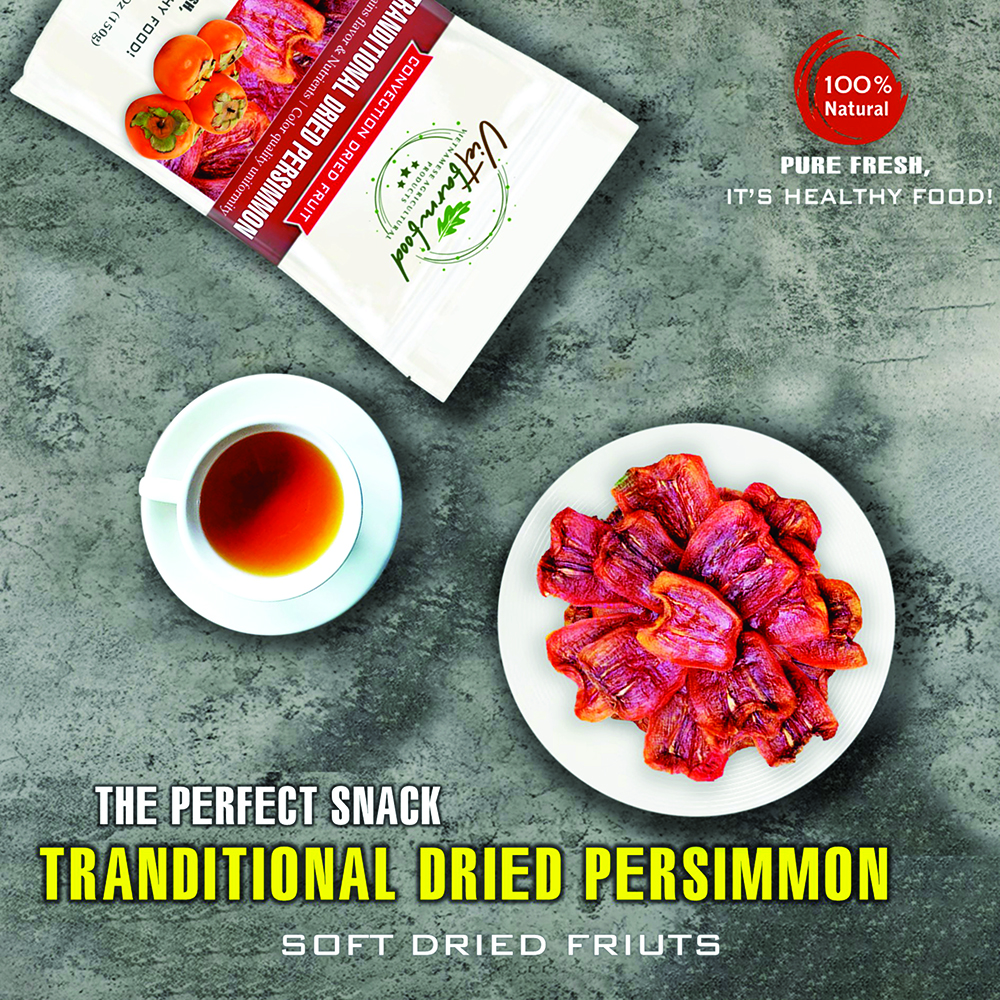 TRANDITIONAL DRIED PERSIMMON  5.29oz (150g) VIETFARMFOOD: Convection dried fruit with a little sugar, salt, natural sweetness, soft when chewed. Suitable for snack, healthy dessert for all ages