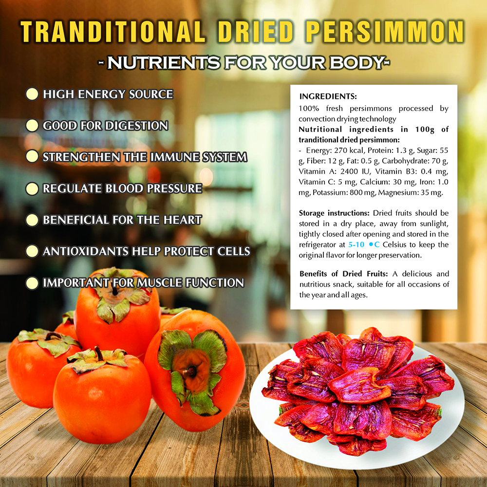 TRANDITIONAL DRIED PERSIMMON  5.29oz (150g) VIETFARMFOOD: Convection dried fruit with a little sugar, salt, natural sweetness, soft when chewed. Suitable for snack, healthy dessert for all ages