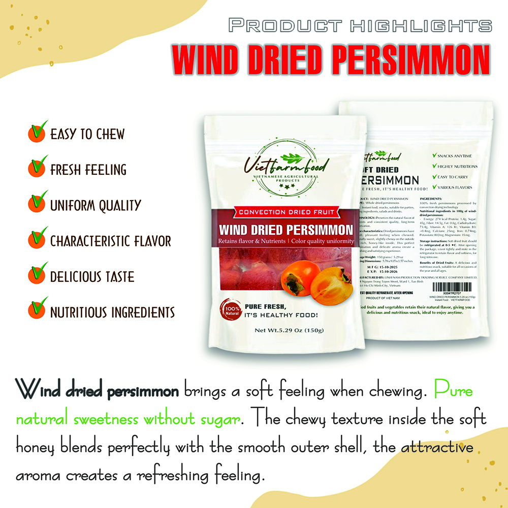 WIND DRIED PERSIMMON 5.29oz (150g) VIETFARMFOOD: Convection dried fruit with a little sugar, salt, natural sweetness, soft when chewed. Suitable for snack, healthy dessert for all ages