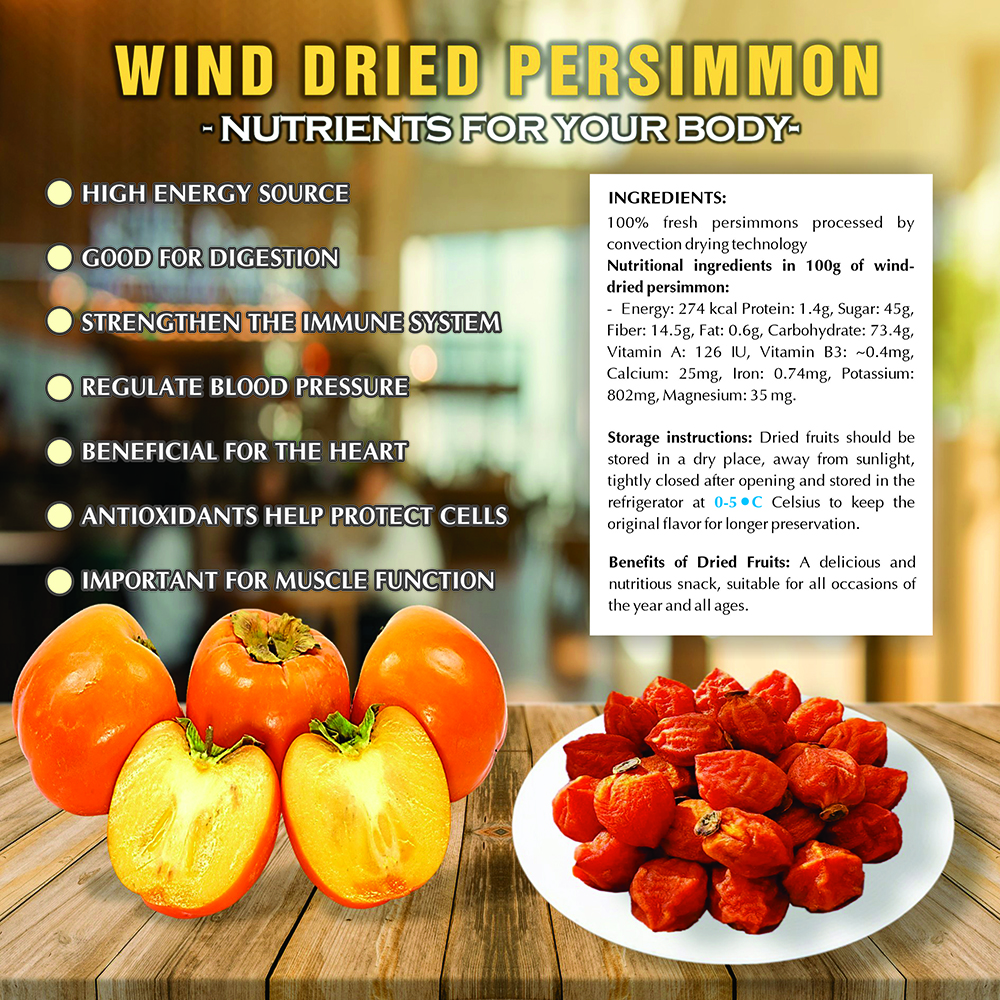 WIND DRIED PERSIMMON 5.29oz (150g) VIETFARMFOOD: Convection dried fruit with a little sugar, salt, natural sweetness, soft when chewed. Suitable for snack, healthy dessert for all ages