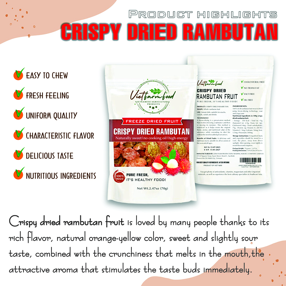 CRISPY DRIED RAMBUTAN 2.47 oz (70g) VIETFARMFOOD: Freeze-dried, no sugar added, naturally sweet. Nutritious, pure, and crunchy. Great for snacking, toppings, desserts, or healthy gifting.