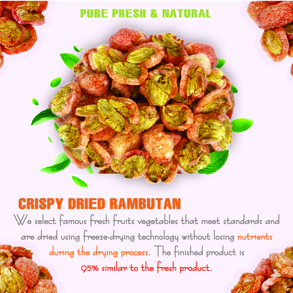 CRISPY DRIED RAMBUTAN 2.47 oz (70g) VIETFARMFOOD: Freeze-dried, no sugar added, naturally sweet. Nutritious, pure, and crunchy. Great for snacking, toppings, desserts, or healthy gifting.