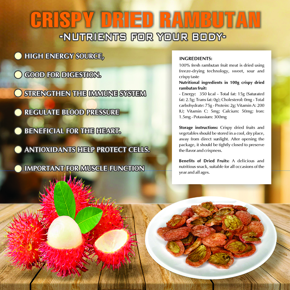 CRISPY DRIED RAMBUTAN 2.47 oz (70g) VIETFARMFOOD: Freeze-dried, no sugar added, naturally sweet. Nutritious, pure, and crunchy. Great for snacking, toppings, desserts, or healthy gifting.