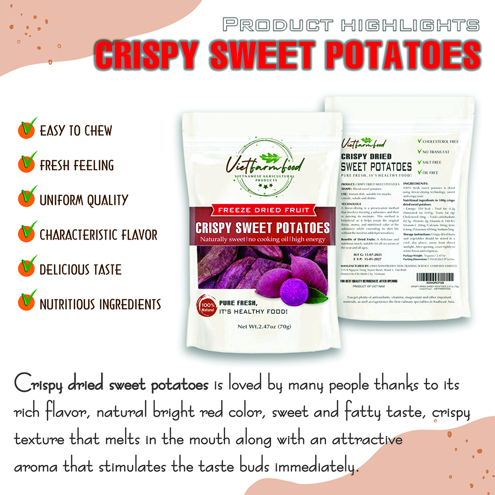 CRISPY SWEET POTATOES 2.47 oz (70g) VIETFARMFOOD: Freeze-dried, no sugar added, naturally sweet. Nutritious, pure, and crunchy. Great for snacking, toppings, desserts, or healthy gifting.