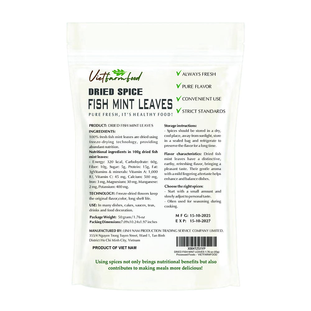 DRIED FISH MINT LEAVES 1.76 Oz (50g) VIETFARMFOOD: Natural pure, convection dried seasoning made from real vegetable perfect for adding flavor to any meal, from cooking, baking, salad, soup, sauce