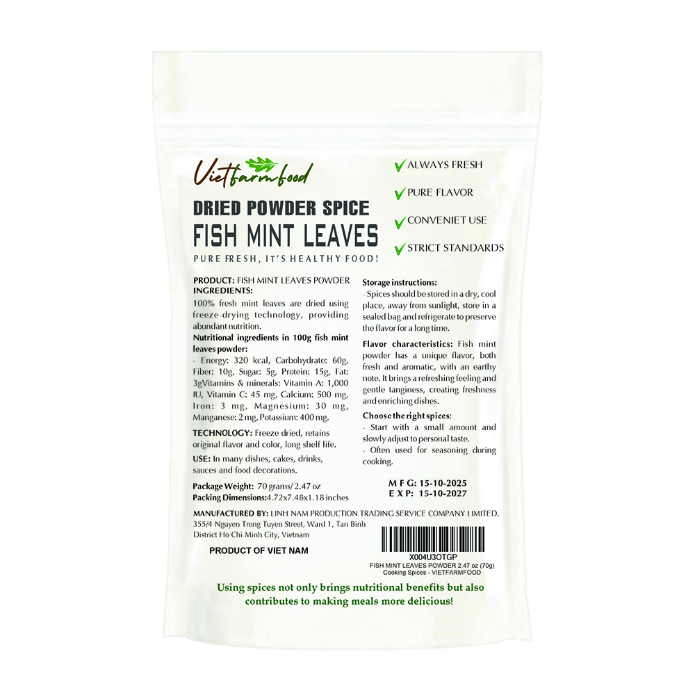 FISH MINT POWDER 2.47 Oz (70g) VIETFARMFOOD: Natural pure, convection dried seasoning made from real vegetable perfect for adding flavor to any meal, from cooking, baking, salad, soup, sauce