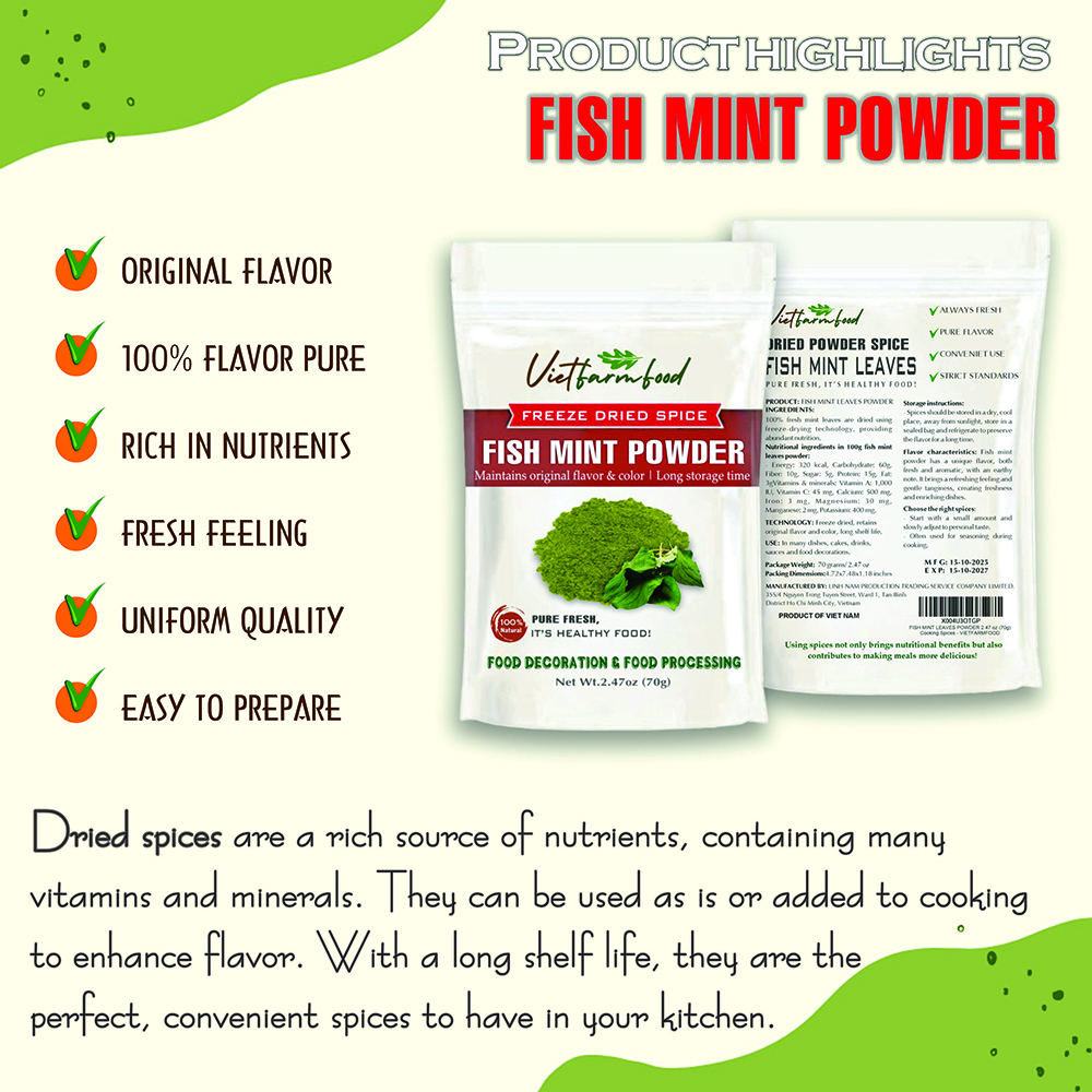 FISH MINT POWDER 2.47 Oz (70g) VIETFARMFOOD: Natural pure, convection dried seasoning made from real vegetable perfect for adding flavor to any meal, from cooking, baking, salad, soup, sauce