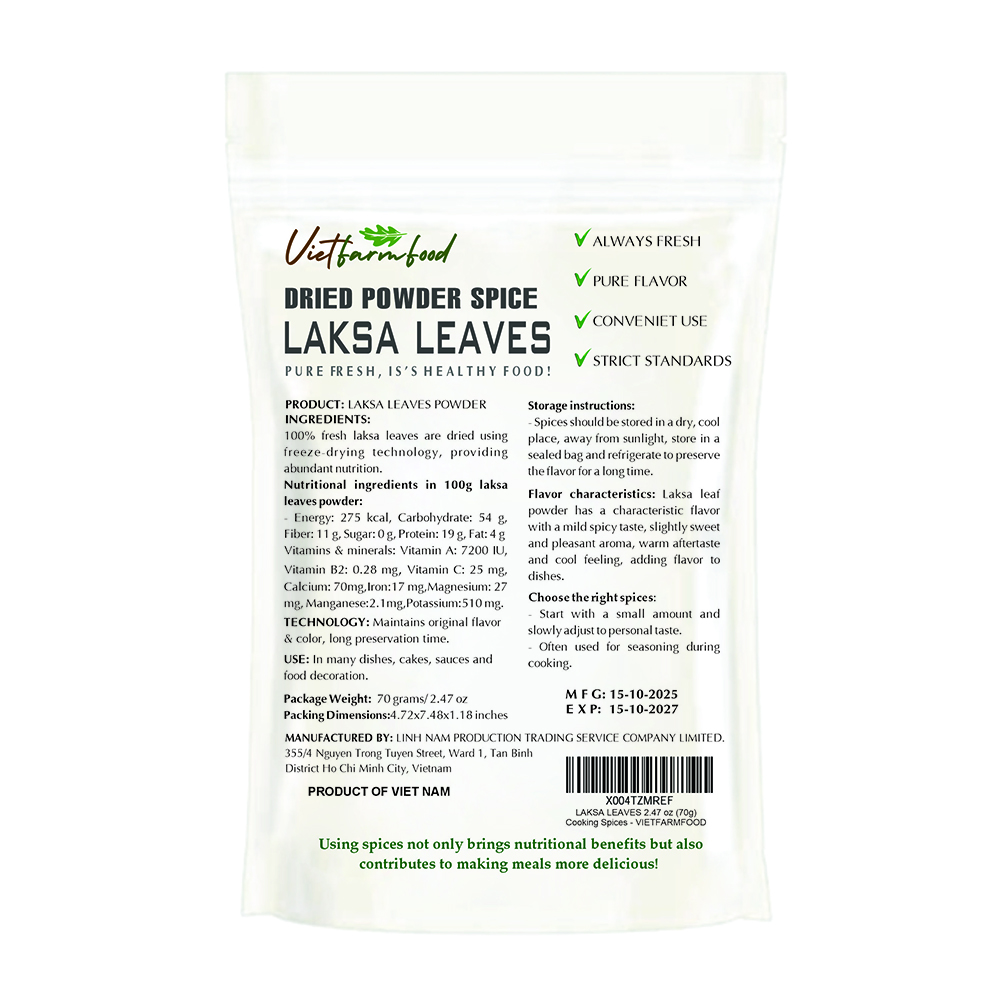 LAKSA LEAF POWDER  2.47 Oz (70g) VIETFARMFOOD Natural pure, convection dried seasoning made from real vegetable perfect for adding flavor to any meal, from cooking, baking, salad, soup, sauce