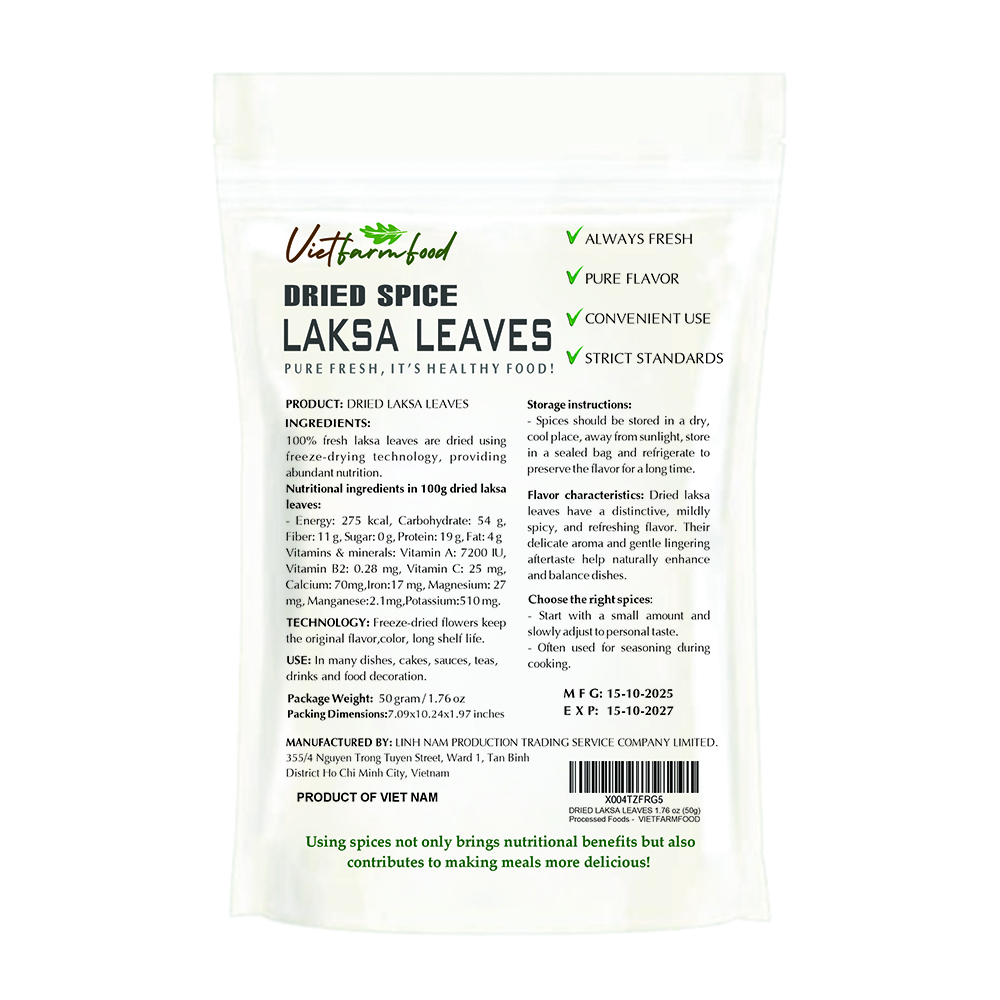 DRIED LAKSA LEAF 1.76 Oz (50g) VIETFARMFOOD: Natural pure, convection dried seasoning made from real vegetable perfect for adding flavor to any meal, from cooking, baking, salad, soup, sauce