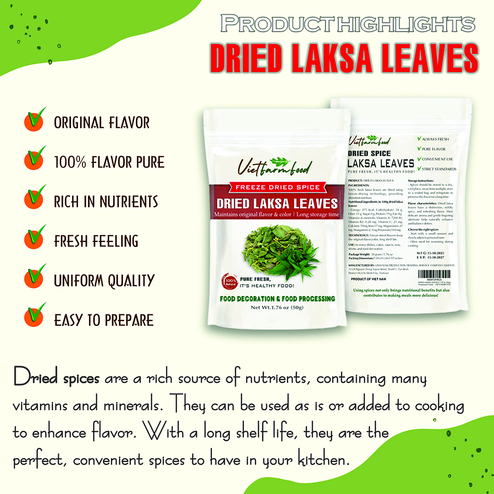 DRIED LAKSA LEAF 1.76 Oz (50g) VIETFARMFOOD: Natural pure, convection dried seasoning made from real vegetable perfect for adding flavor to any meal, from cooking, baking, salad, soup, sauce