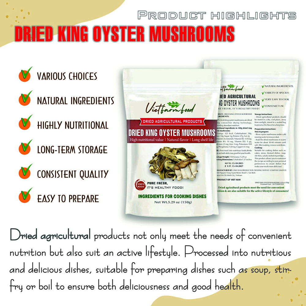 DRIED KING OYSTER MUSHROOM 5.29 Oz (150g) VIETFARMFOOD: Dried agricultural products with pure natural flavor. Used as cooking ingredient to prepare delicious, nutritious dish, suitable for vegetarian