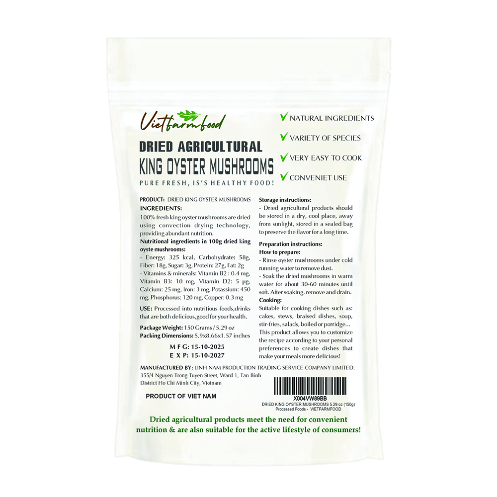 DRIED KING OYSTER MUSHROOM 5.29 Oz (150g) VIETFARMFOOD: Dried agricultural products with pure natural flavor. Used as cooking ingredient to prepare delicious, nutritious dish, suitable for vegetarian