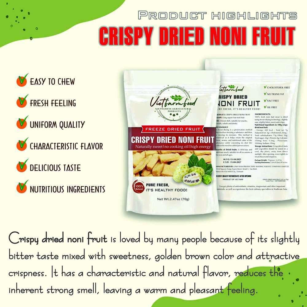CRISPY DRIED NONI FRUIT 2.47 oz (70g) VIETFARMFOOD: Freeze-dried, no sugar added, naturally sweet. Nutritious, pure, and crunchy. Great for snacking, toppings, desserts, or healthy gifting.