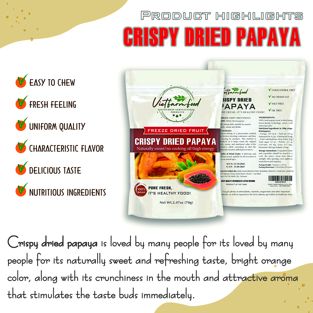 CRISPY DRIED PAPAYA 2.47 oz (70g) VIETFARMFOOD: Freeze-dried, no sugar added, naturally sweet. Nutritious, pure, and crunchy. Great for snacking, toppings, desserts, or healthy gifting.
