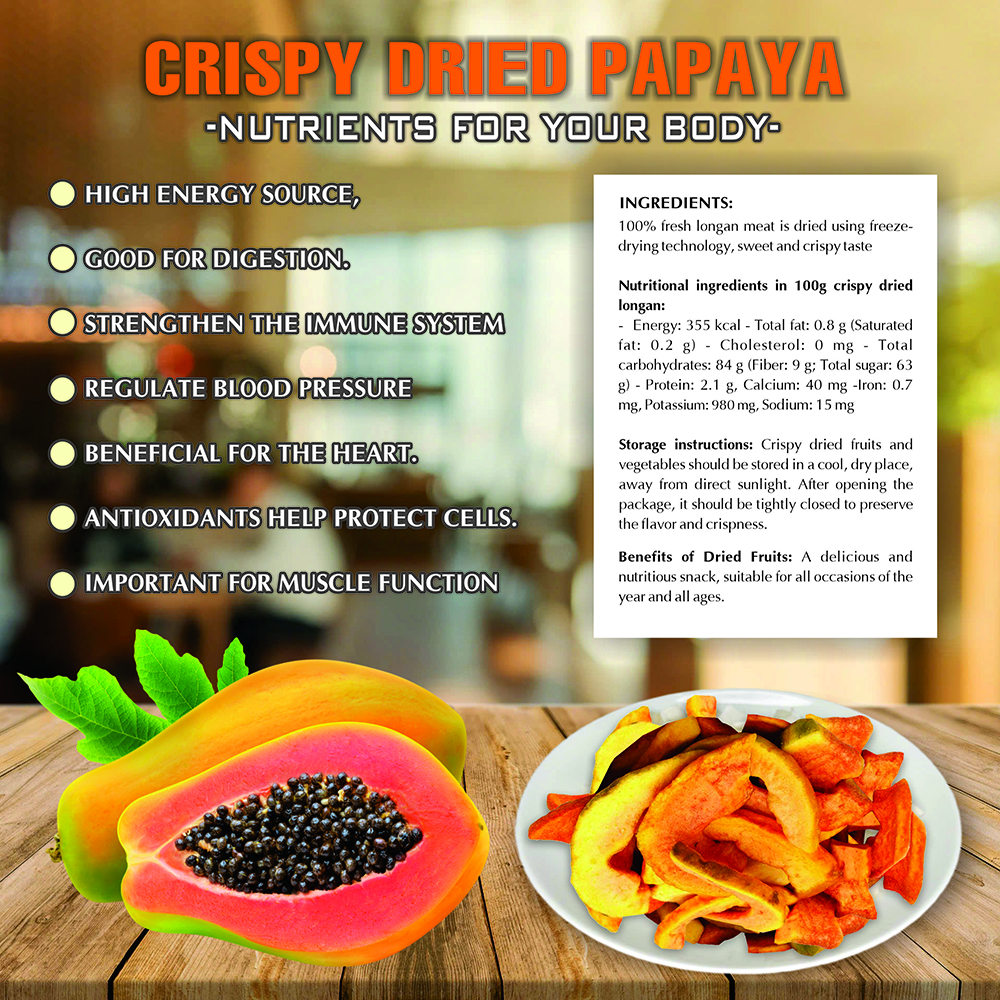 CRISPY DRIED PAPAYA 2.47 oz (70g) VIETFARMFOOD: Freeze-dried, no sugar added, naturally sweet. Nutritious, pure, and crunchy. Great for snacking, toppings, desserts, or healthy gifting.