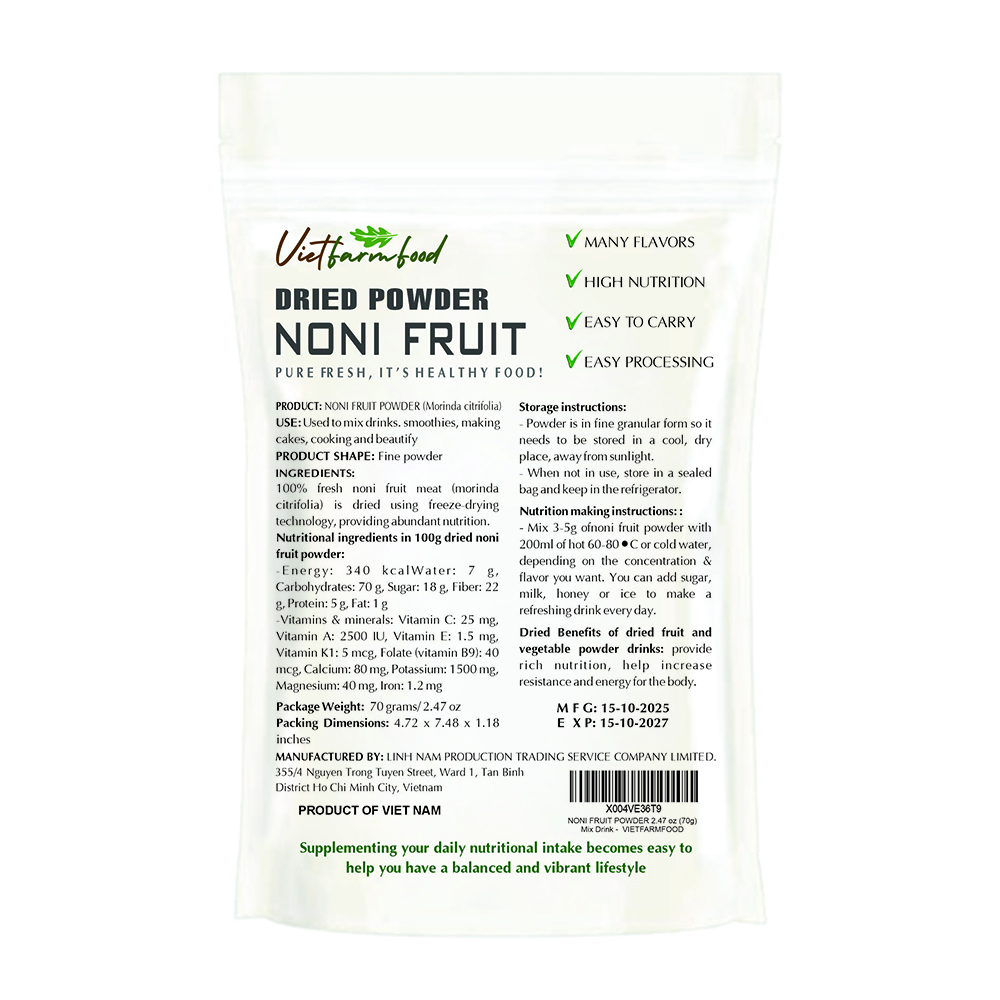 NONI FRUIT POWDER 2.47 oz (70g) VIETFARMFOOD: Pure freeze-dried fruit powder, made from real fruit with no added sugar - Perfect for daily nutrition to keep your body full of vitality.