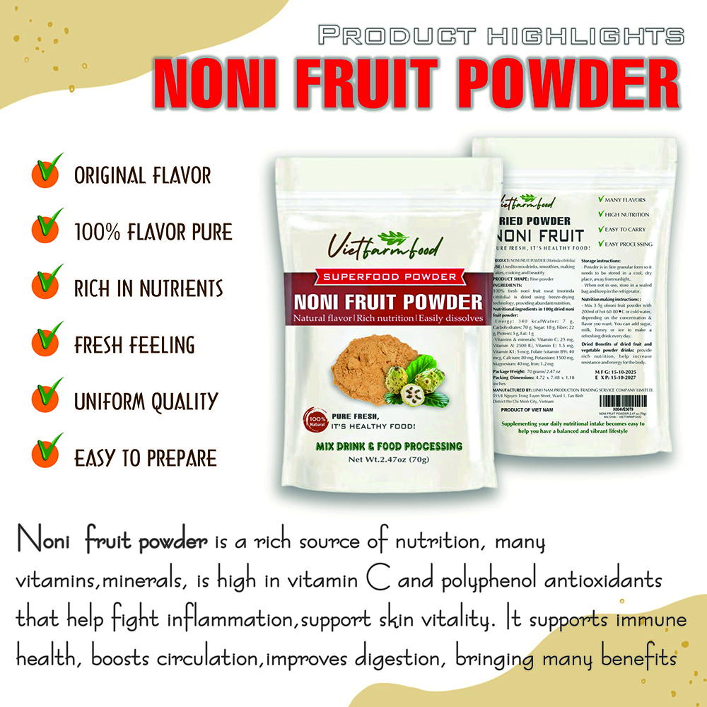 NONI FRUIT POWDER 2.47 oz (70g) VIETFARMFOOD: Pure freeze-dried fruit powder, made from real fruit with no added sugar - Perfect for daily nutrition to keep your body full of vitality.