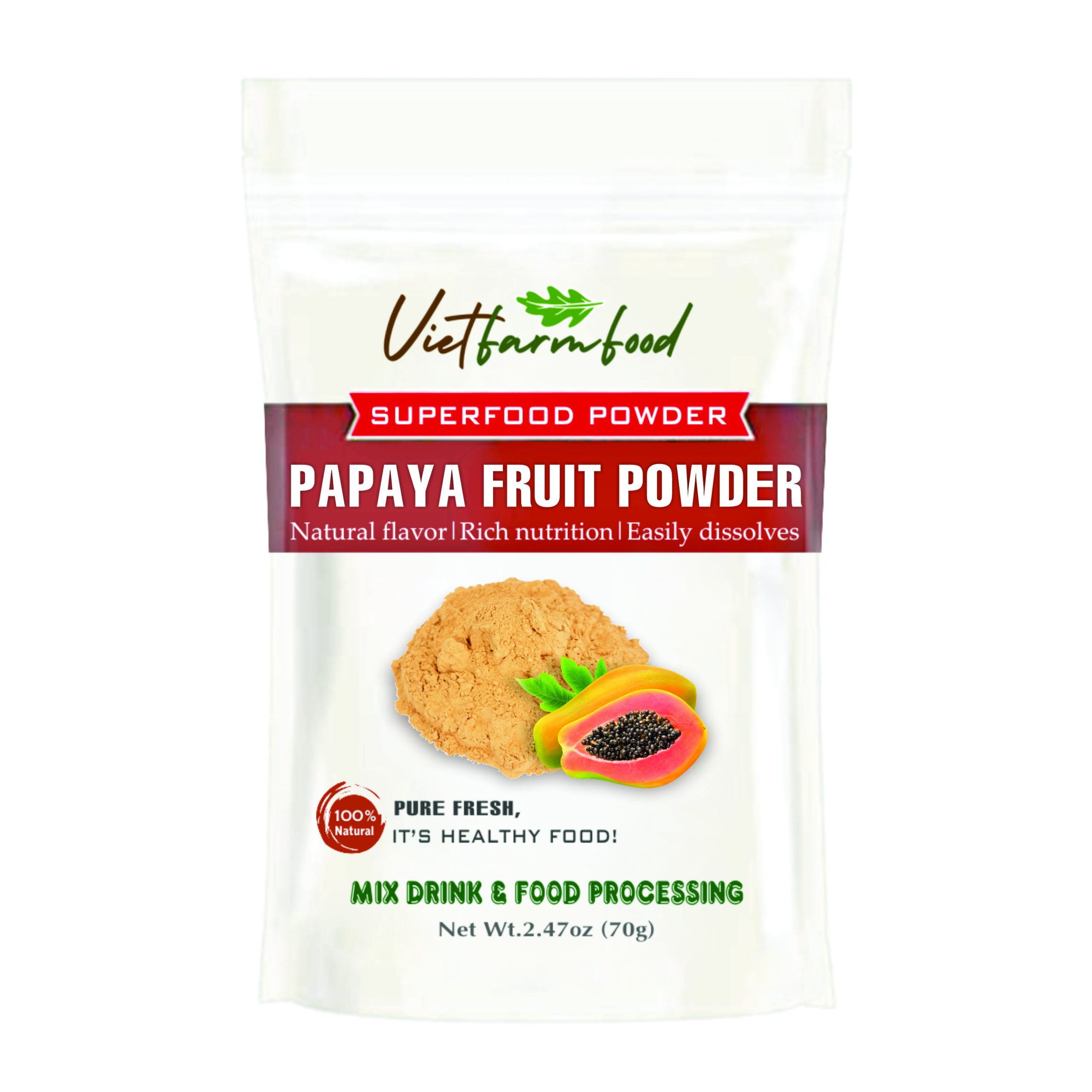 PAPAYA FRUIT POWDER 2.47 oz (70g) VIETFARMFOOD: Pure freeze-dried fruit powder, made from real fruit with no added sugar - Perfect for daily nutrition to keep your body full of vitality.